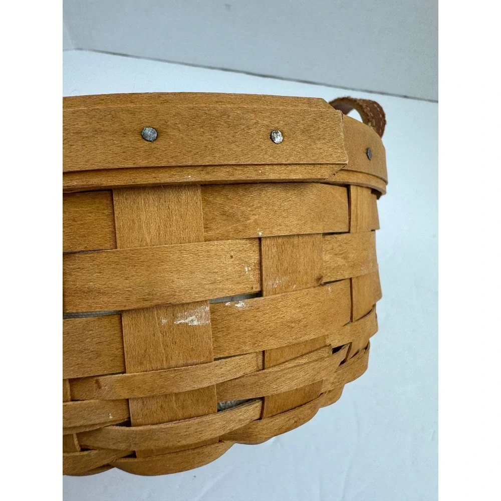 Longaberger 2006 Round Woven Basket Leather Handles Botanical Liner Protector